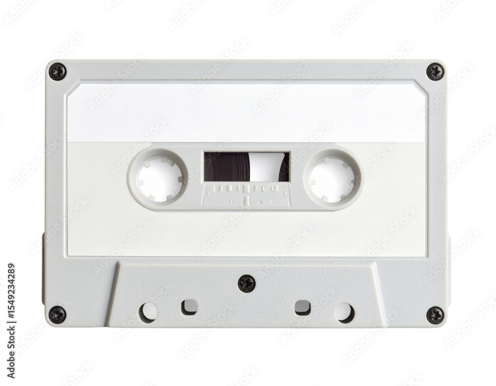 Fototapeta premium A white audio cassette tape with visible reels and magnetic tape in the center, featuring a blank label area and four screws at the corners.