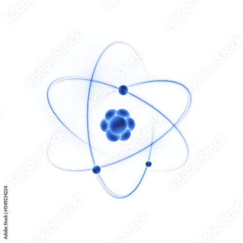 3D model of atom with bright electron orbits on white background. Scientific symbol for projects on physics, nanotechnology, education and chemistry. Vector