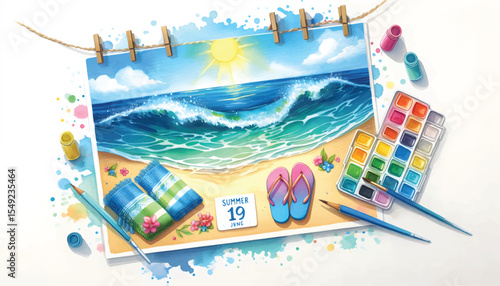 Artistic summer-themed illustration featuring a beach painting surrounded by colorful art supplies and decorations inspiring creativity and vacation vibes.