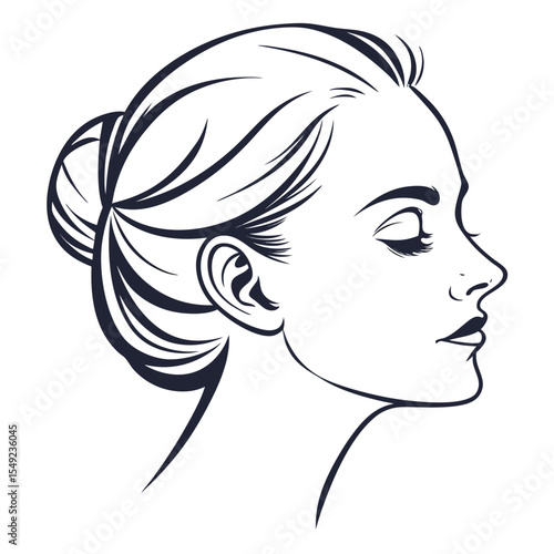 Woman Profile Dark Hair Updo Line Art Illustration