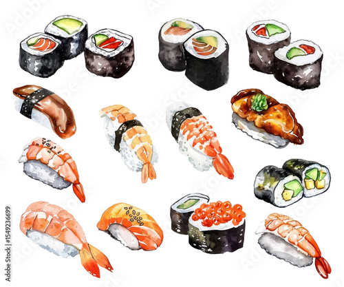 Sushi and maki vector set, delicious assortment of Japanese cuisine. Vibrant food illustration perfect for restaurant menus, Asian healthy eating concepts. A variety of fresh fish and vegetable rolls.