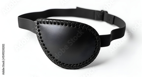 A pirate eye patch made of black leather and nice texture with elastic strap, on clean white background