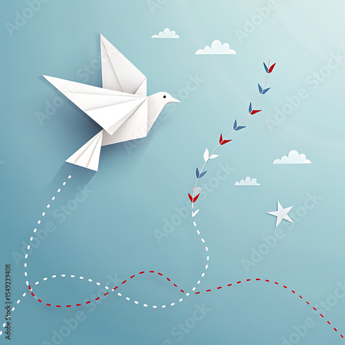 Origami Dove Flying with a Branch and Dotted Line on Blue Background
