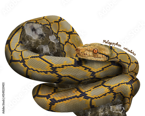 RETICULATED PYTHON (Malayopython reticulatus); Trăn Gấm - name Vietnamese. Realistic vector illustration.