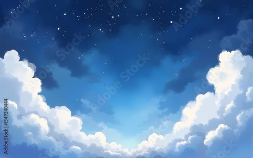 Whimsical watercolor background illustration clouds night sky. High quality