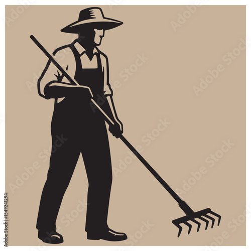 Silhouette illustration of a farmer raking on a farm with a broad brimmed hat