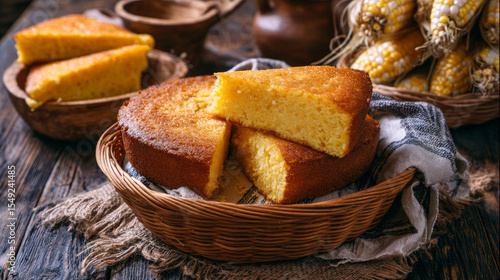 Breakfast consists of corn cake sliced in a basket on a rustic wooden table. Typical cuisine from Brazil 