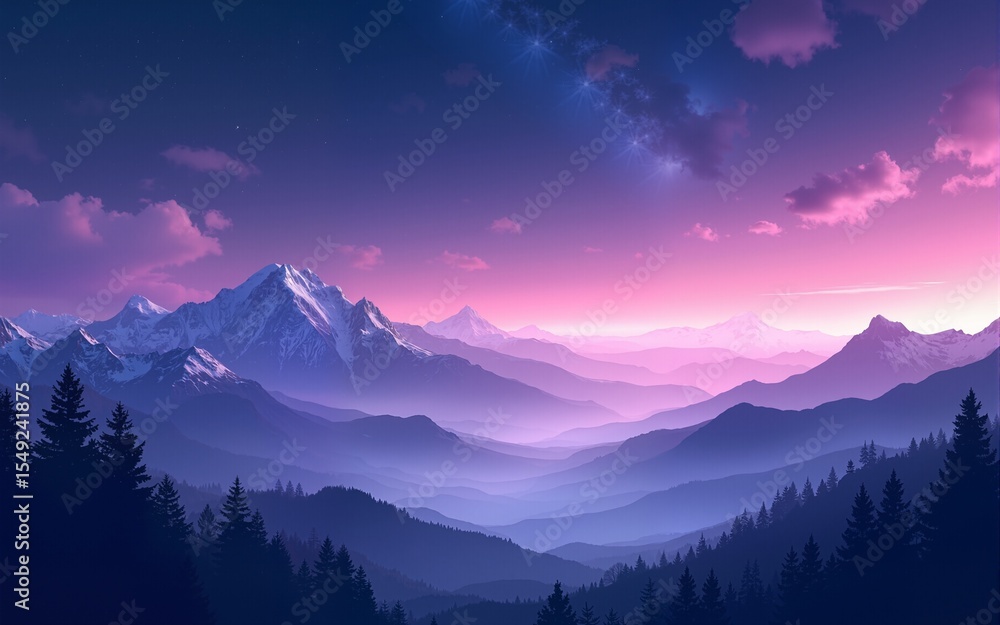 Stunning digital landscape featuring mountains under a starry sky with vibrant purple and blue hues, evoking a sense of tranquility. High quality Stunning digital landscape featuring mountains under a starry sky with vibrant purple and blue hues, evoking a sense of tranquility. High quality