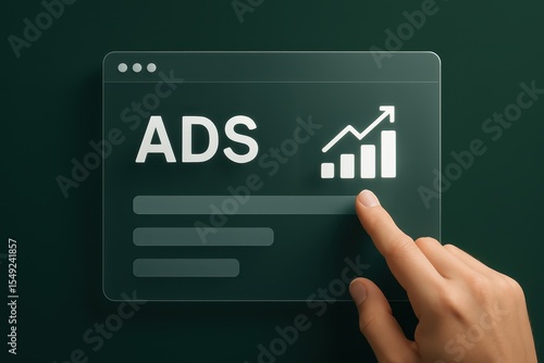 Hand pointing at a graphic of increasing advertising statistics on a digital interface.