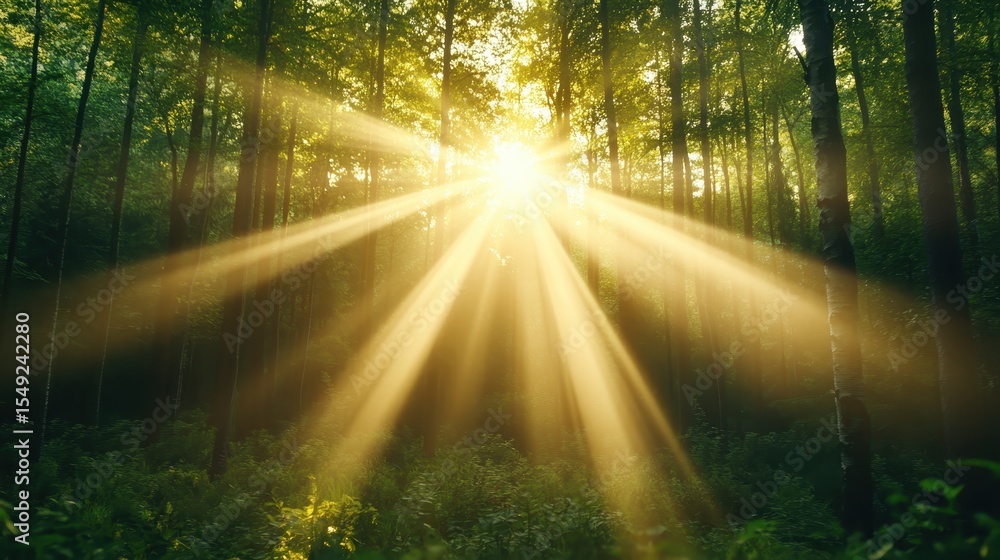 Obraz premium A breathtaking view of sunlight filtering through a serene forest canopy, highlighting the beauty of nature and creating a tranquil atmosphere that inspires peace and reflection.