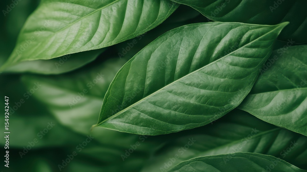 Obraz premium A vibrant close-up of fresh green leaves shows their detailed textures against a dark background, symbolizing life and vitality in a serene natural setting.