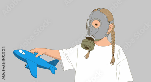 Flat minimalist vector of a child wearing a gas mask while playing with a toy