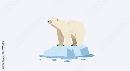 Flat minimalist vector of a polar bear standing on a melting ice cube, symbolizing global warming, isolated on white.
