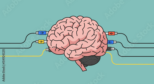 Flat outline vector of a human brain with USB cables plugged in