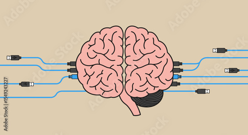 Flat outline vector of a human brain with USB cables plugged in, symbolizing digital overload.