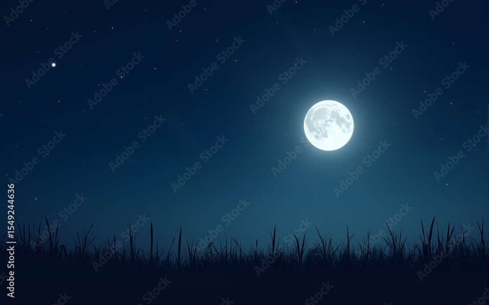 Fototapeta premium Moonlit night scene, tall grass, starry sky, peaceful background, ideal for serenity or nature themes. High quality