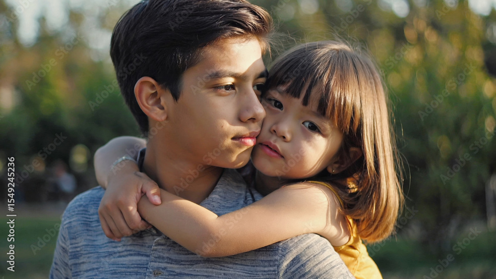 A man hugs a young girl in a warm moment of affection A man hugs a young girl in a warm moment of affection