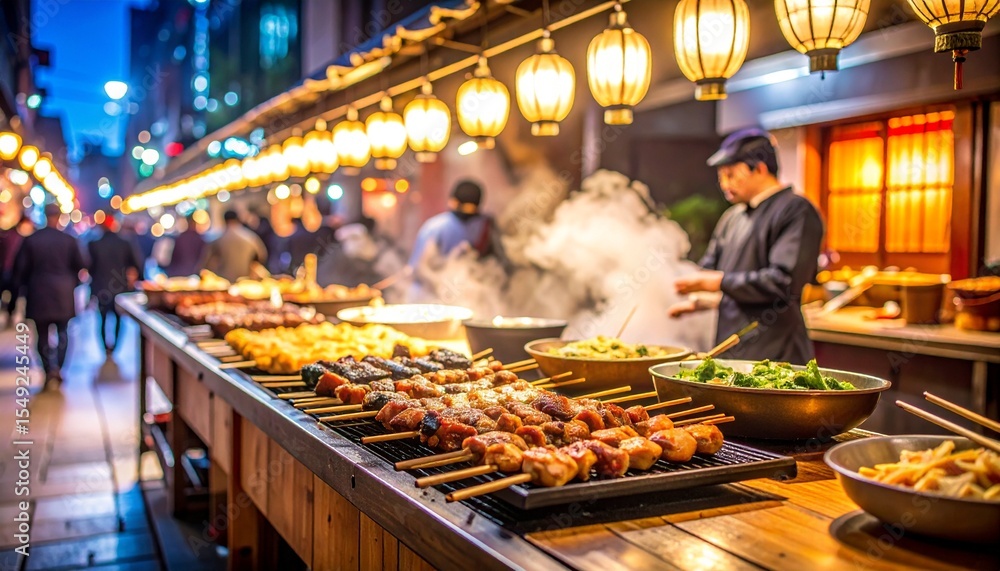 Fototapeta premium Traditional japanese street food stall at night, yakitori skewers, glowing lanterns as background, urban osaka alleyway
