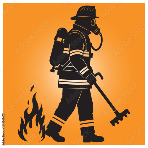 Silhouette of a firefighter extinguishing a blaze with oxygen tank and tool on orange background