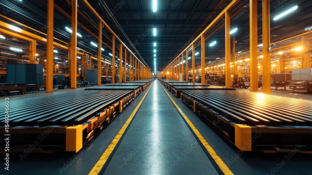 Fototapeta premium A spacious industrial warehouse with illuminated aisles filled with pallets, showcasing modern logistics and storage solutions in an organized environment.