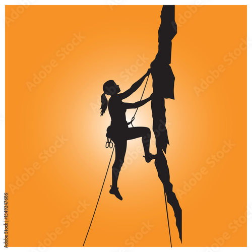 Silhouette of a woman climbing a rock wall on an orange gradient background
