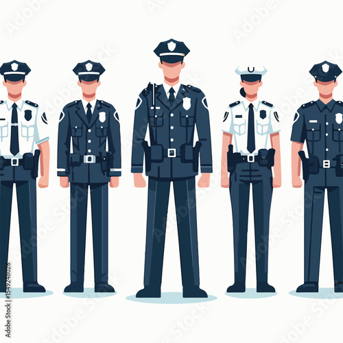 image of a police officer standing upright wearing a uniform and badge with a simple and minimalist flat design using a white background