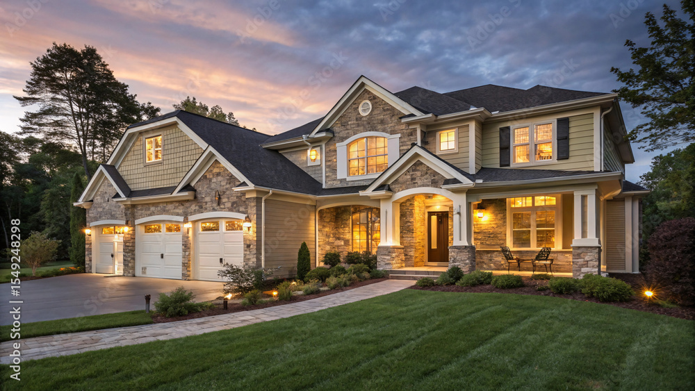 Luxury Suburban House with Three Car Garage at Twilight | Upscale Home Exterior with Landscaped Lawn for Real Estate and Home Improvement Marketing Luxury Suburban House with Three Car Garage at Twilight | Upscale Home Exterior with Landscaped Lawn for Real Estate and Home Improvement Marketing