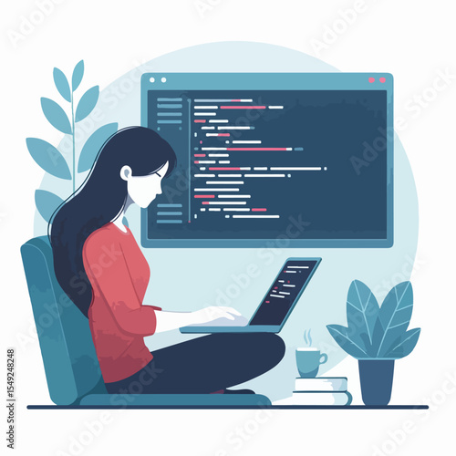 image of a programmer sitting in front of a laptop with a simple and minimalist flat design using a white background