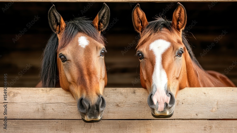 Obraz premium Two majestic horses curiously peer over a wooden fence, showcasing their beauty and connection to nature, embodying grace and companionship in an everyday farm setting.
