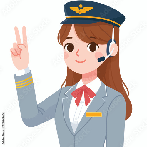 image of a flight attendant smiling while giving a safety signal with a simple and minimalist flat design using a white background