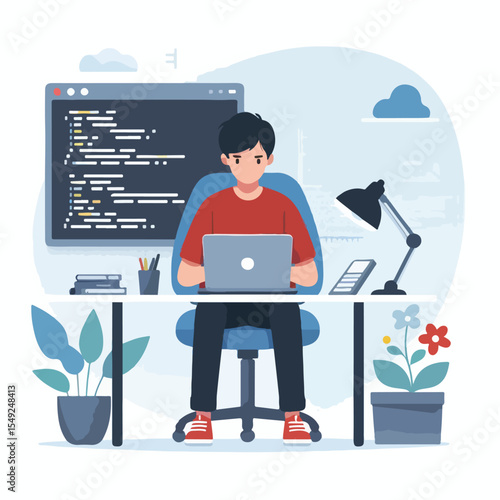 image of a programmer sitting in front of a laptop with a simple and minimalist flat design using a white background