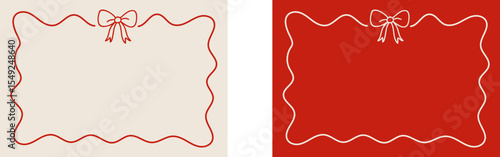 Set of two rectangular frames with red and white bow outlines and wavy borders. Perfect for holiday cards, packaging, or romantic-themed projects. Vector EPS 10