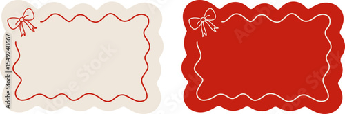 Set of scalloped rectangular frames with red wavy borders and a corner bow. Great for romantic packaging, holiday tags, and decorative invitations. Vector EPS 10