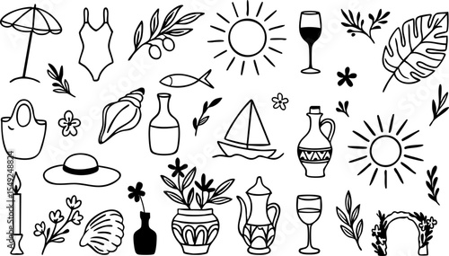 Set of hand-drawn Mediterranean icons: sun, leaves, wine, sea, shells, boat, and vases. Perfect for summer designs, travel content, or packaging. Vector EPS 10