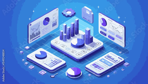 Isometric 3D city with abstract technology and computer network icons illustrating social media and business connections
