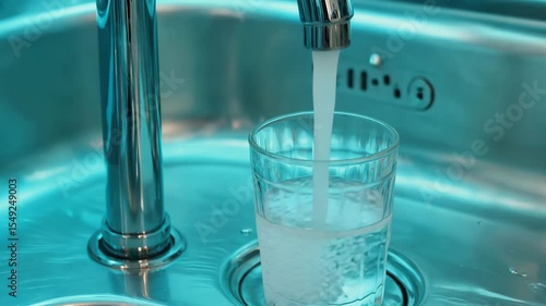 Glass filling with water under running faucet in metallic sink, teal lighting