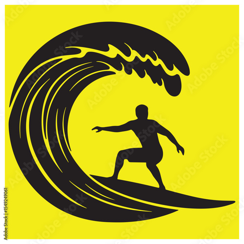 Silhouette surfer riding enormous black wave against a vibrant yellow background