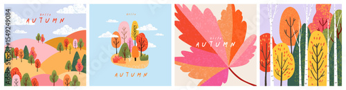 Set of trendy art style abstract autumn poster, cover, card with bright beautiful leaves, plants, autumn forest landscape. Fall background, template for advertising, sales, web and social media, print