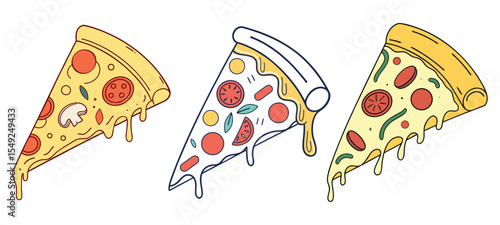 Three delicious pizza slices with melted cheese and toppings