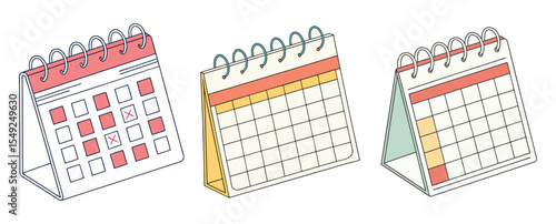Three colorful desk calendars with different scheduling styles for organization and planning