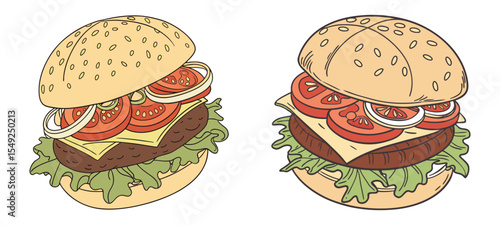 Two delicious cheeseburgers with sesame seed buns and fresh toppings