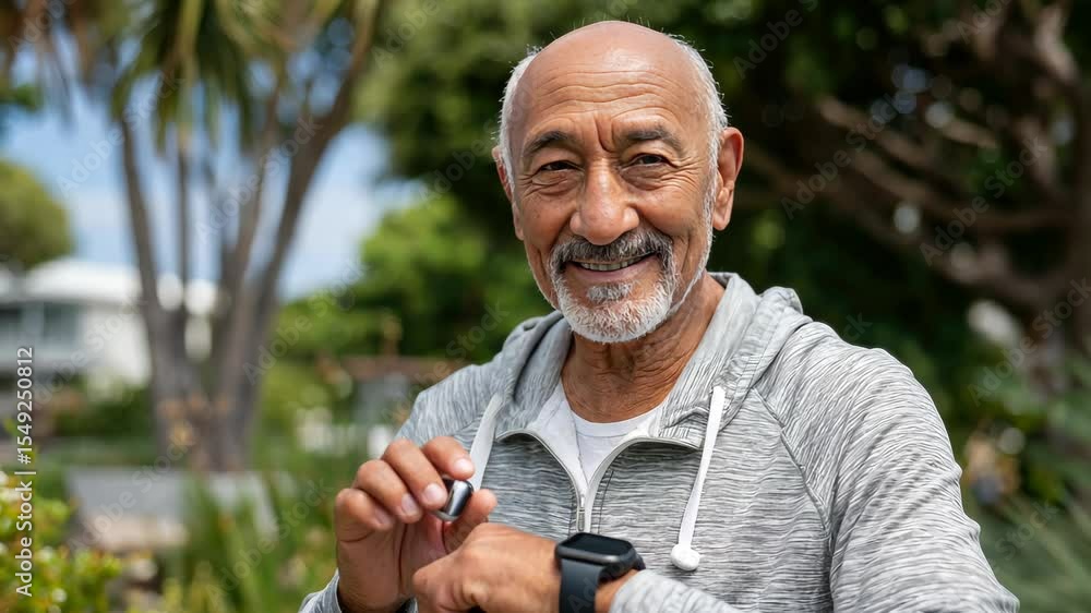 Senior man enjoys outdoor activity while using smartwatch in a sunny park setting Senior man enjoys outdoor activity while using smartwatch in a sunny park setting