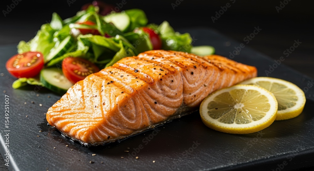 Grilled Salmon Fillet with Salad and Lemon - A healthy and delicious lunch meal prep featuring grilled salmon, a fresh green salad, and lemon wedges. Grilled Salmon Fillet with Salad and Lemon - A healthy and delicious lunch meal prep featuring grilled salmon, a fresh green salad, and lemon wedges.