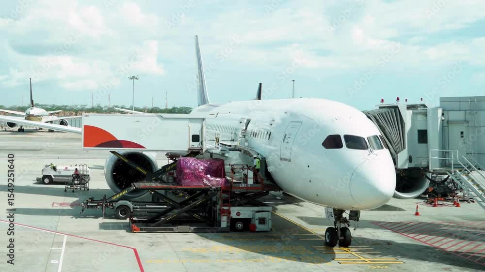 Goods are loaded on the plane with cloudy sky background. Global business logistics import and export of containers cargo freight airplane. import export business logistics. Goods are loaded on the plane with cloudy sky background. Global business logistics import and export of containers cargo freight airplane. import export business logistics.