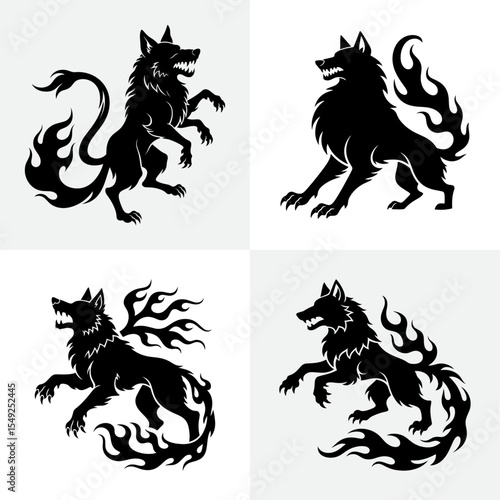 Fiery Wolf Silhouettes, heraldic lion vector design
