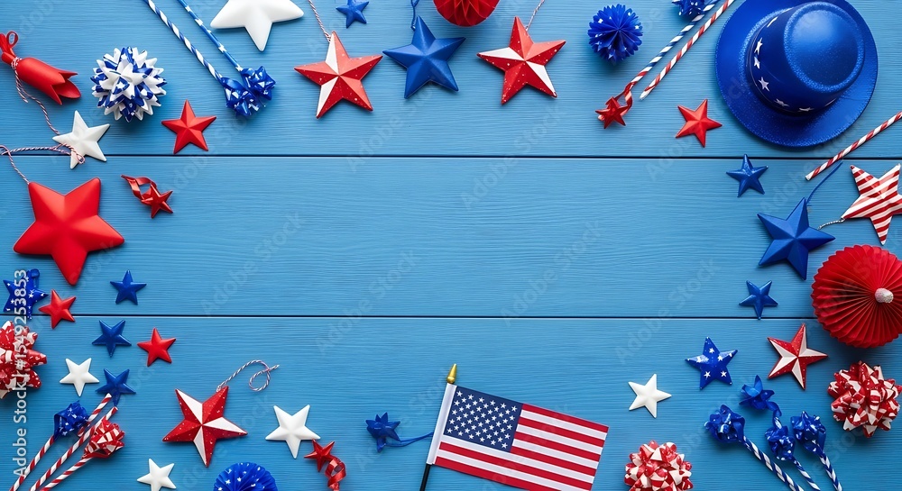 Fototapeta premium Festive fourth of july celebration decorations frame on blue wooden background