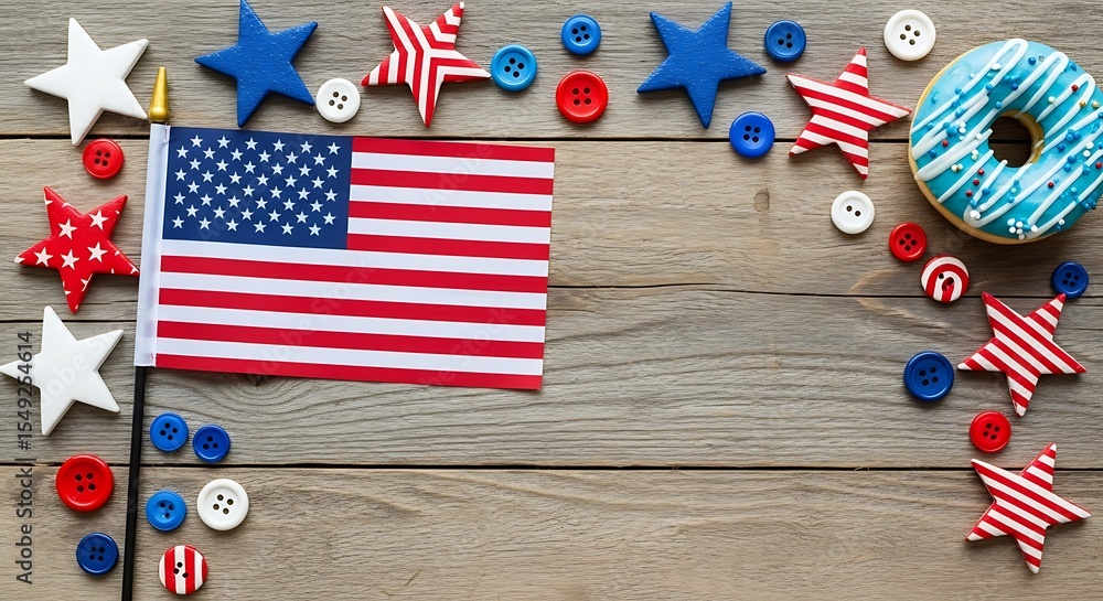 Obraz premium American flag stars buttons and donut on rustic wood background for patriotic celebration
