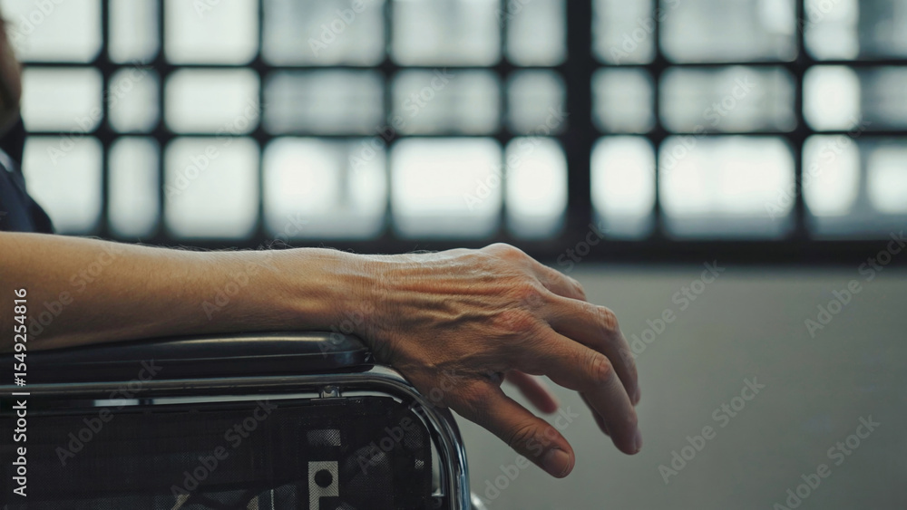 A person is seated in a wheelchair, placing their hand on the seat A person is seated in a wheelchair, placing their hand on the seat