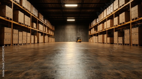 Wallpaper Mural A spacious warehouse with high wooden shelving filled with packed boxes, creating a sense of organized storage and industrial efficiency in a minimalist design. Torontodigital.ca