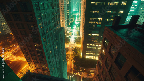 Illuminated cityscape view from above showcasing high rise buildings and busy city streets